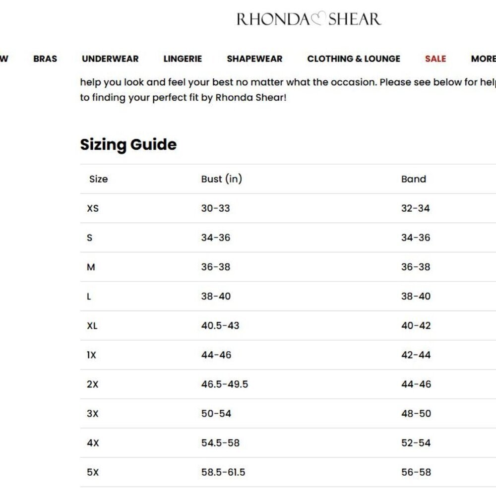 RHONDA SHEAR BRA SIZING INFORMATION